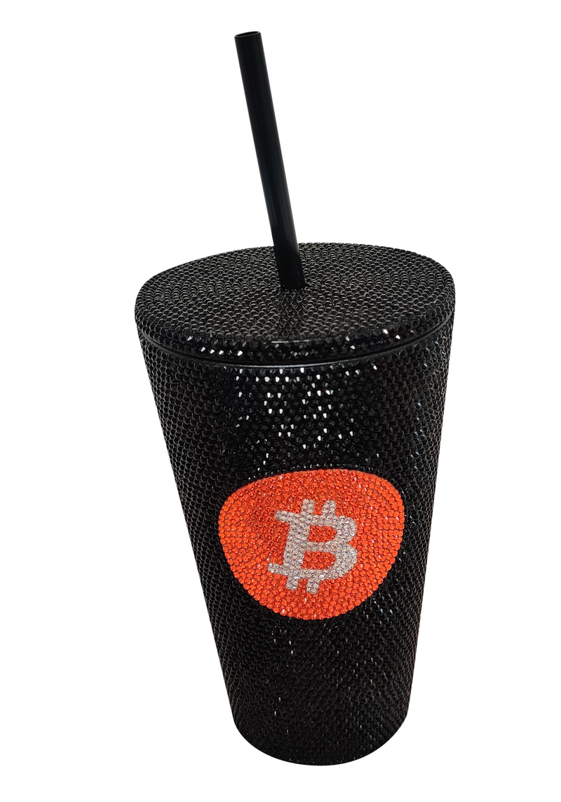 Black Swarovski Crystals Bitcoin Starbucks Cup 16oz with straw and bag