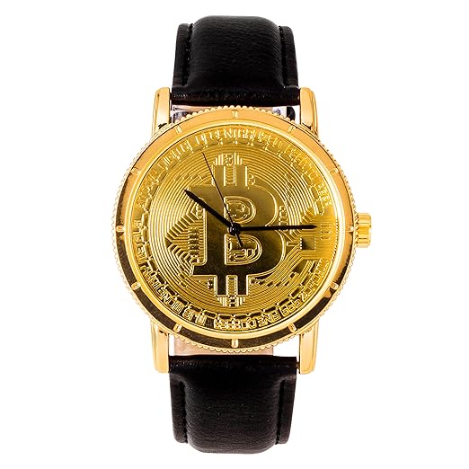 Mens 40mm Gold Cryptocurrency Bitcoin Dial Watch with Leather Strap - BTC