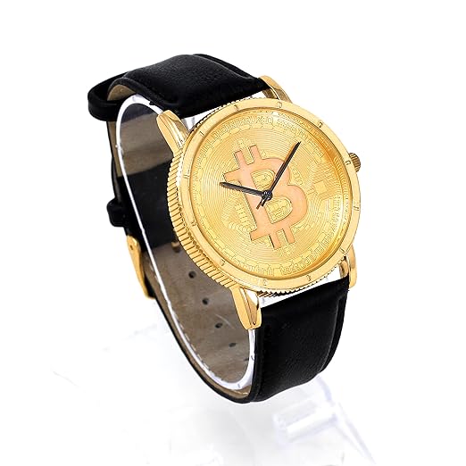 Mens 40mm Gold Cryptocurrency Bitcoin Dial Watch with Leather Strap - BTC