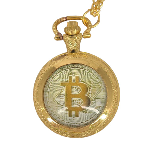 Bitcoin Design Pocket Watch with Necklace Chain Men Women Crypto Gift Gold Color