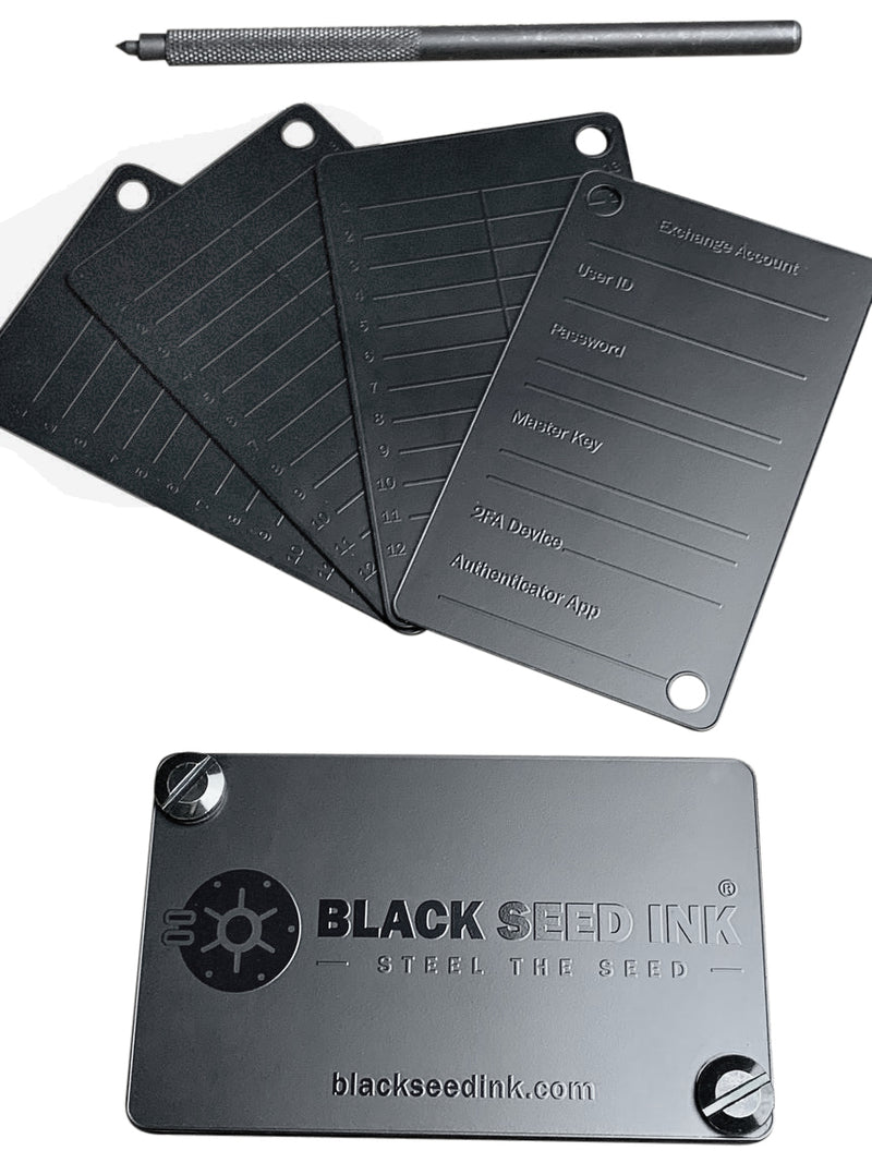 BLACK SEED INK Cryptocurrency Seed Key Phrase Backup - Exchange + Seed Plates