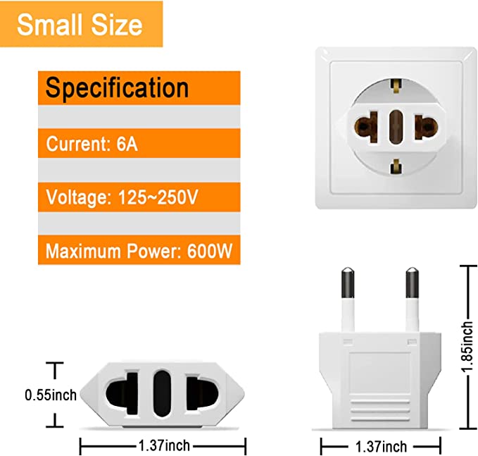 Adapter - Plug Type A (USA) to Plug Type F (EU) - Voltage 250V AC - Maximum  current 10 A - White color