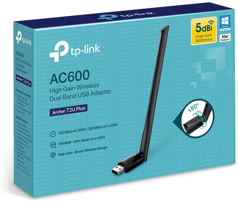 TP-Link AC600 USB WiFi Adapter for PC (Archer T2U Plus)- Wireless Network Adapter for Desktop with 2.4GHz, 5GHz High Gain Dual Band 5dBi Antenna, Supports Win10/8.1/8/7/XP, Mac OS 10.9-10.14