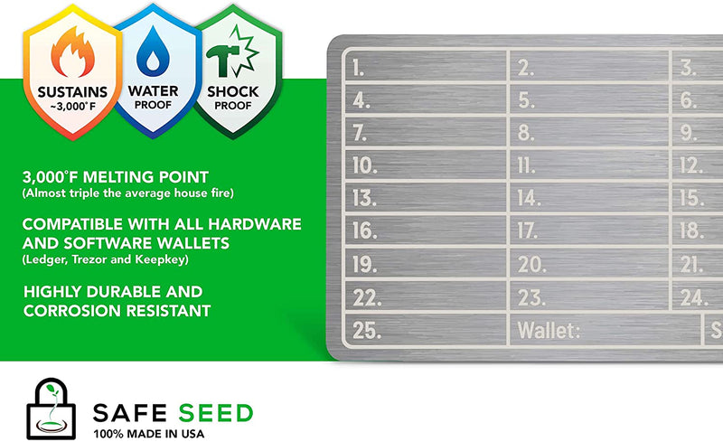 SAFE SEED Crypto Seed Key Phrase Backup - 2 Titanium Plates + Stamping Kit