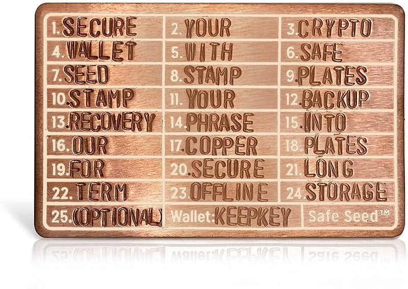 SAFE SEED Crypto Seed Key Phrase Backup - 2 Copper Plates + Stamping Kit