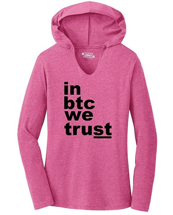 في BTC ، نثق في قميص Bitcoin Hoodie النسائي الوردي