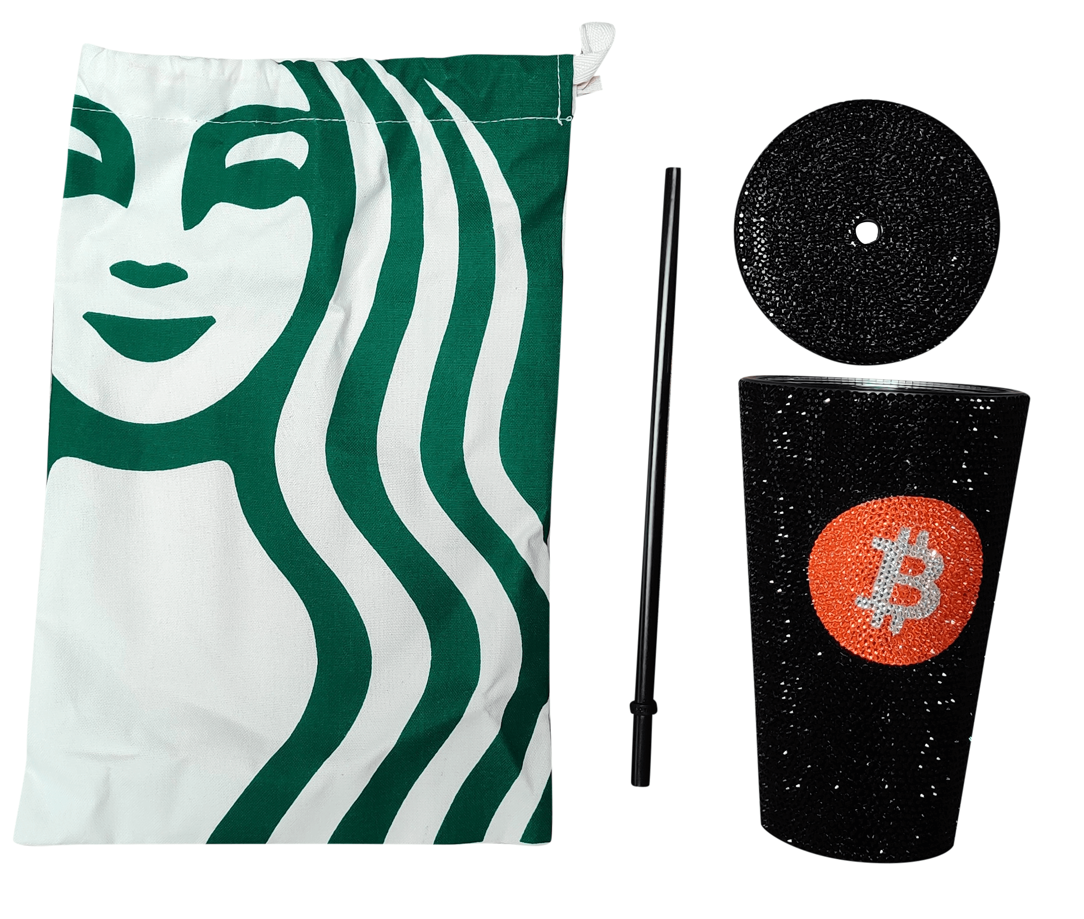Black Swarovski Crystals Bitcoin Starbucks Cup 16oz with straw and bag
