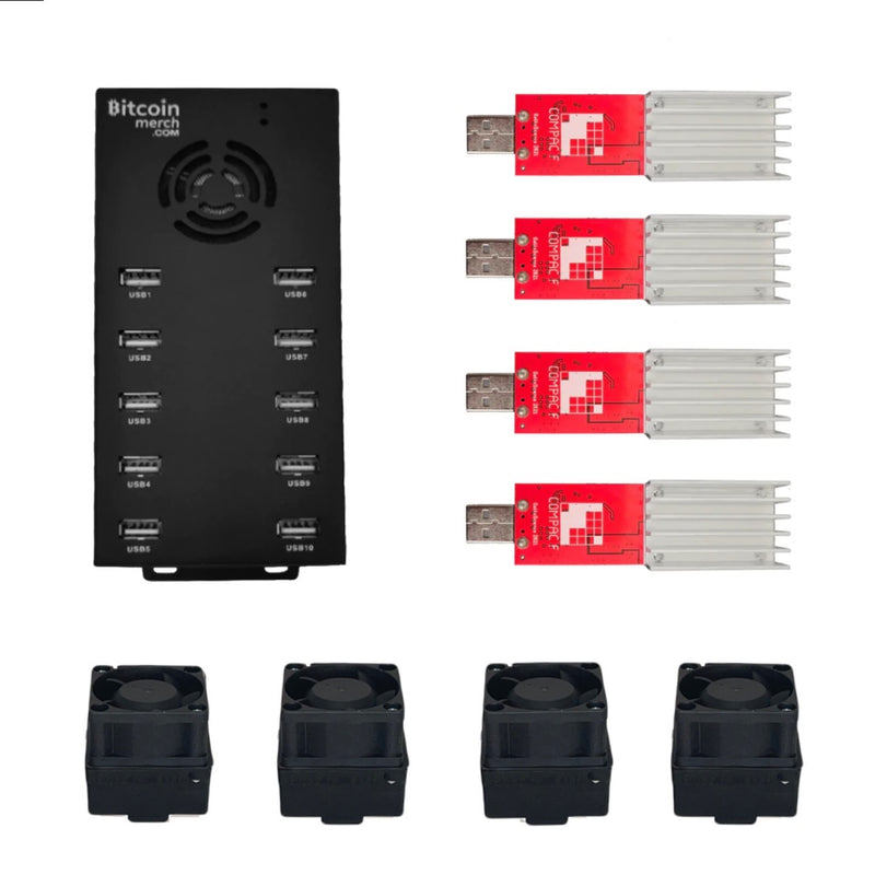 4 × GekkoScience COMPAC F مع ترقية المروحة + محور USB 10 منافذ Bitcoin Merch® - كومبو حتى 1.4 + TH / s