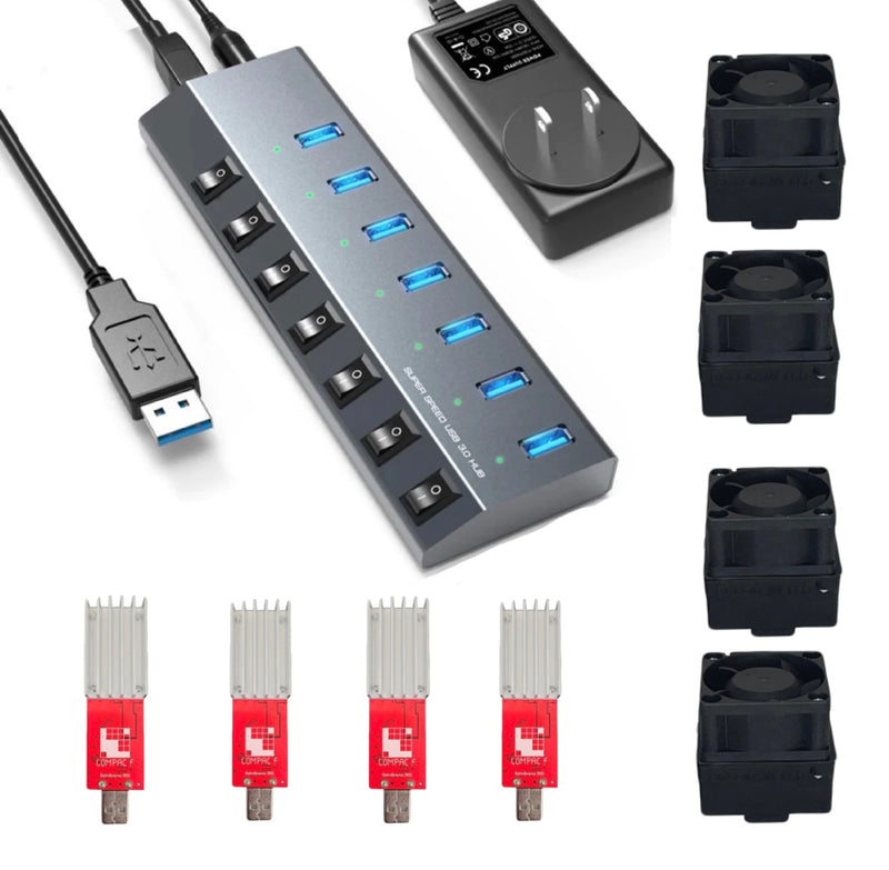 4 x GekkoScience COMPAC F with Fan Upgrade + Bitcoin Merch® 7-Port USB Hub - COMBO Up to 1.2+TH/s