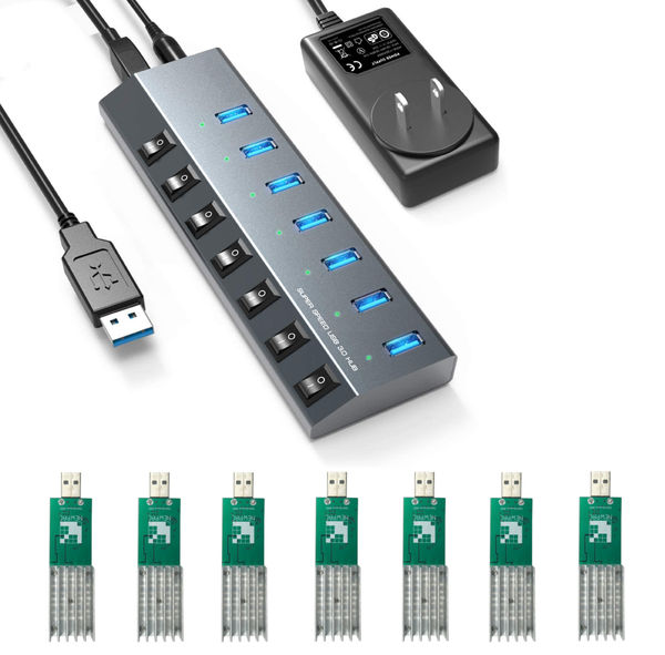 7 X GekkoScience NEWPAC AND Bitcoin Merch® - 7 Port USB Hub COMBO 630+GH/s