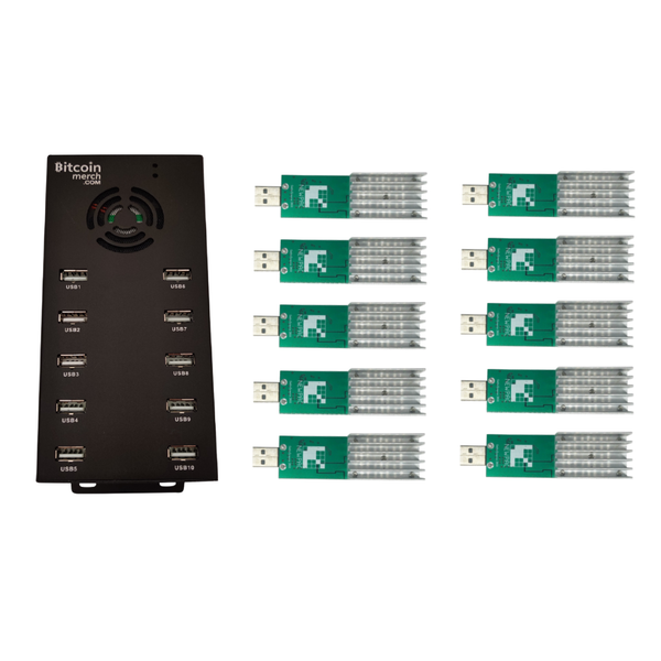 10 × GekkoScience NEWPACs و Bitcoin Merch® - 10 منافذ USB Hub COMBO 900 + GH / s