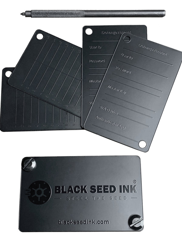 BLACK SEED INK Cryptocurrency Seed Key Phrase Backup - Exchange + Seed Plates