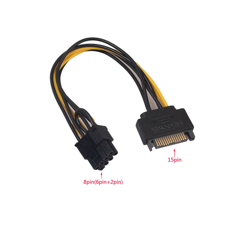 15Pin SATA ذكر إلى 8pin (6 2) كابل مهايئ التيار الكهربائي لبطاقة الفيديو PCI-E ذكر