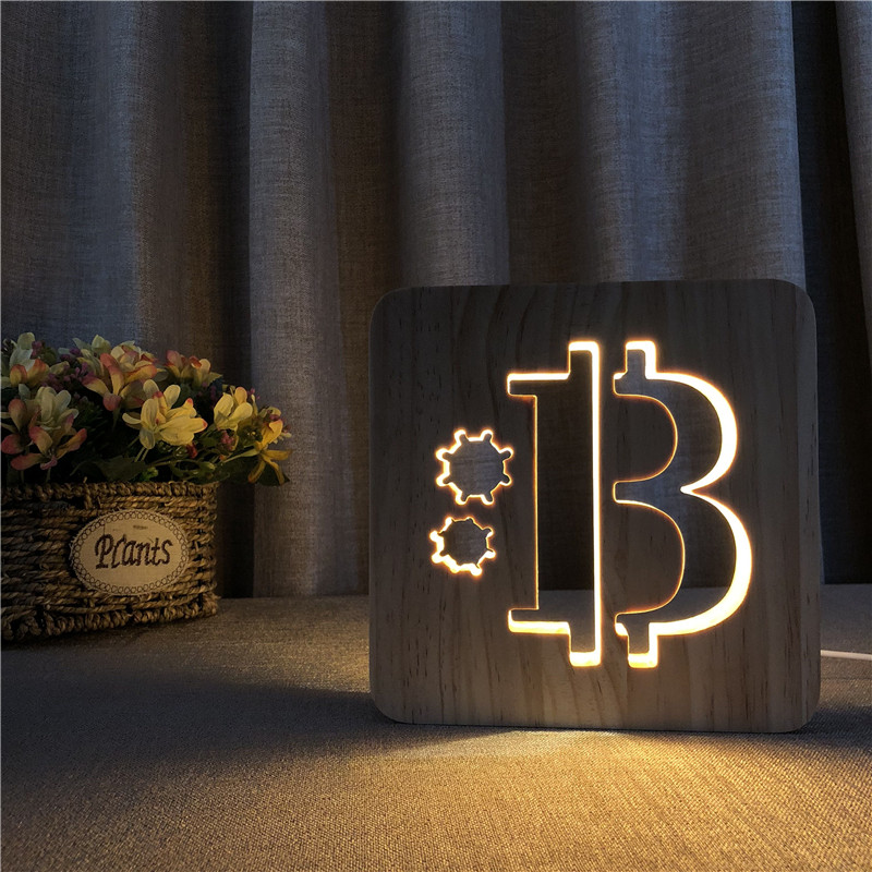 Bitcoin Merch® - ضوء ليلي ثلاثي الأبعاد بإضاءة ليد ليلية من بيتكوين بامبو خشب حقيقي LED يعمل بمنفذ USB